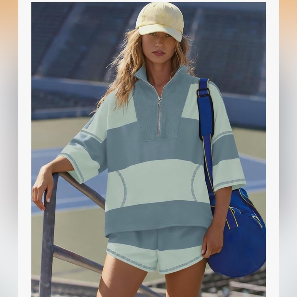 Amazon Light Blue and Mint Striped Women’s Cover-Up Set